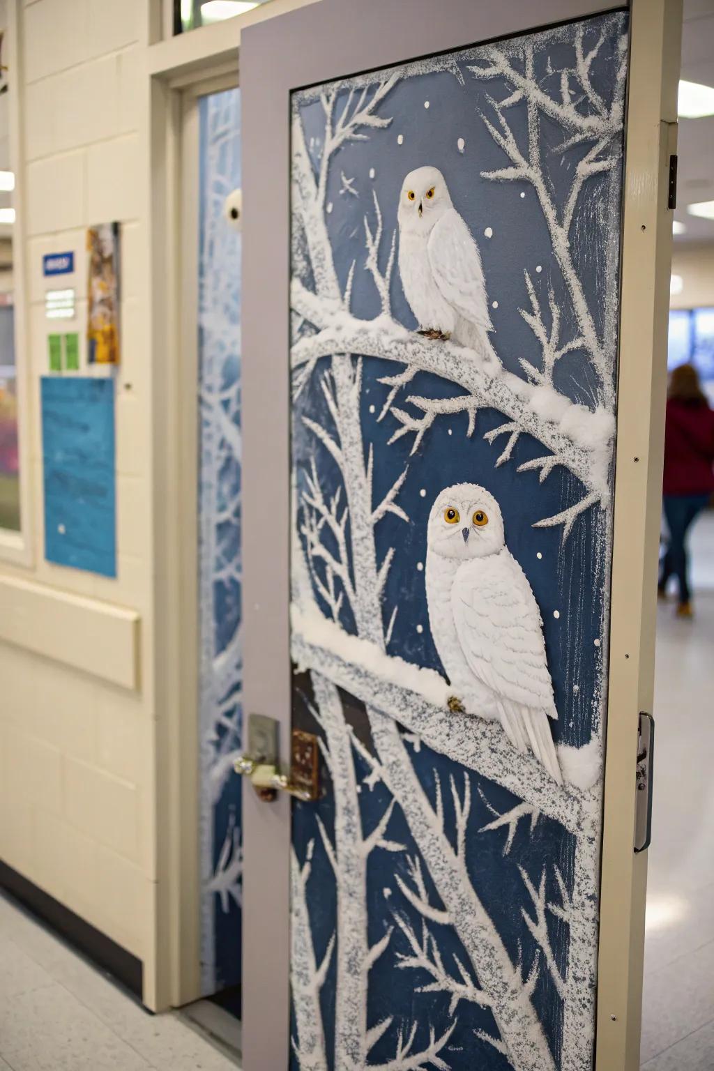 A tranquil snowy raptor woodland ornaments this entryway.