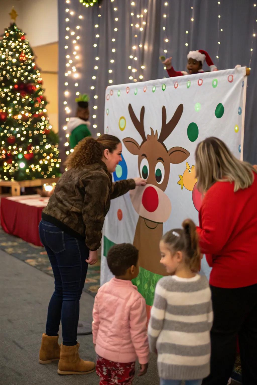 Participants relishing the hallmark activity of affixing the proboscis on Rudolph.
