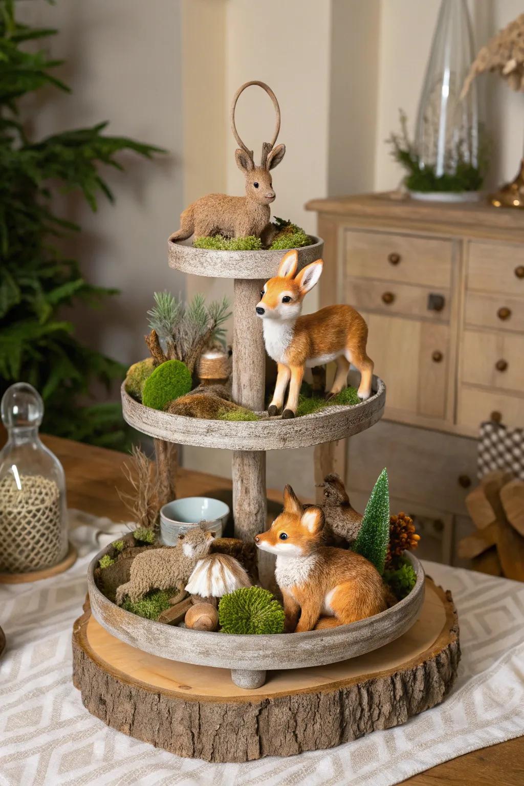 Forestland critters incorporate enchantment into this multi-level display.