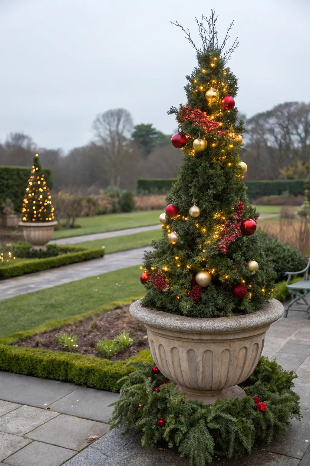 A unique seasonal topiary displayed in a container.