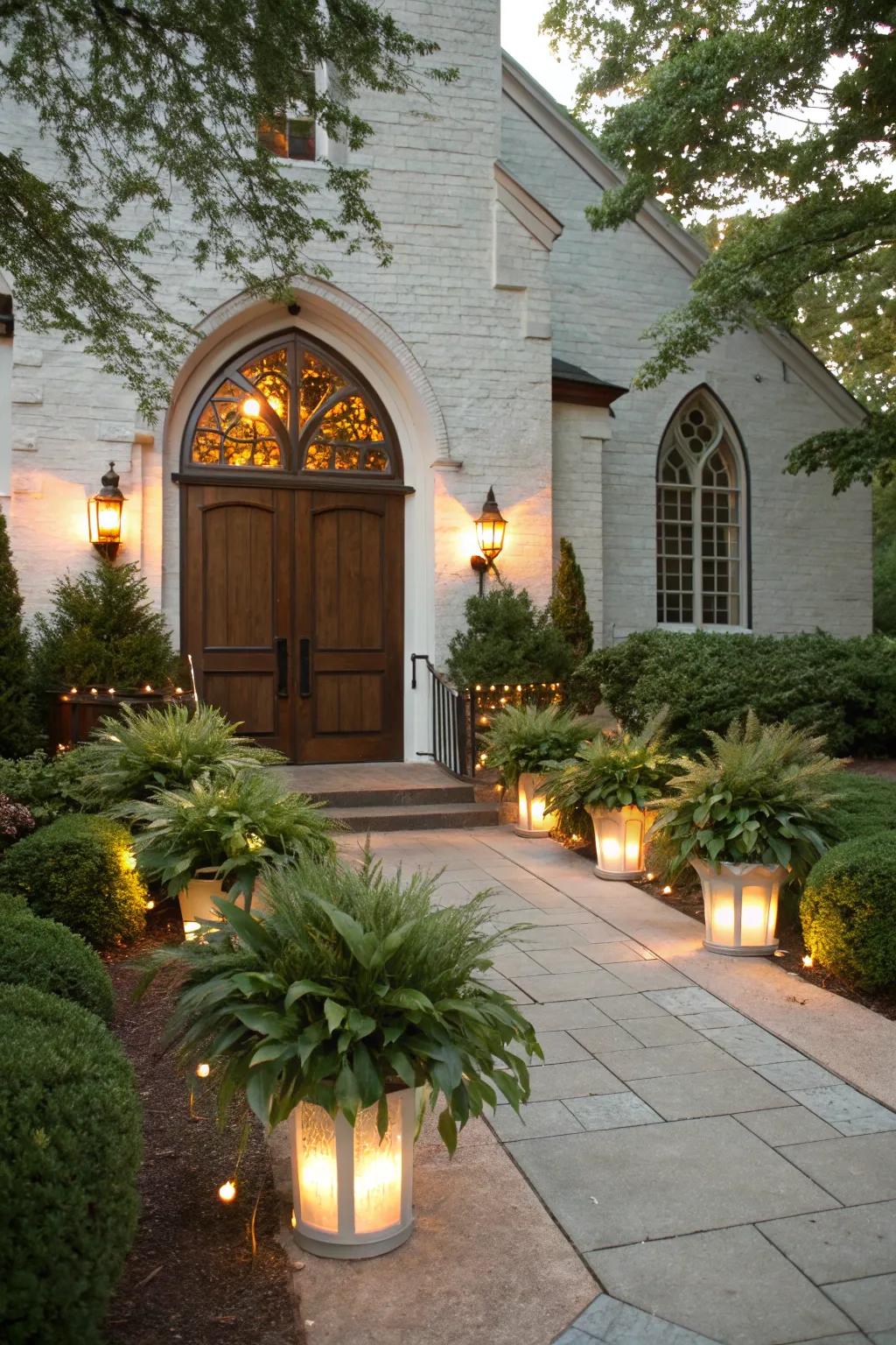 Chapel doorway using outdoor containers and lights.