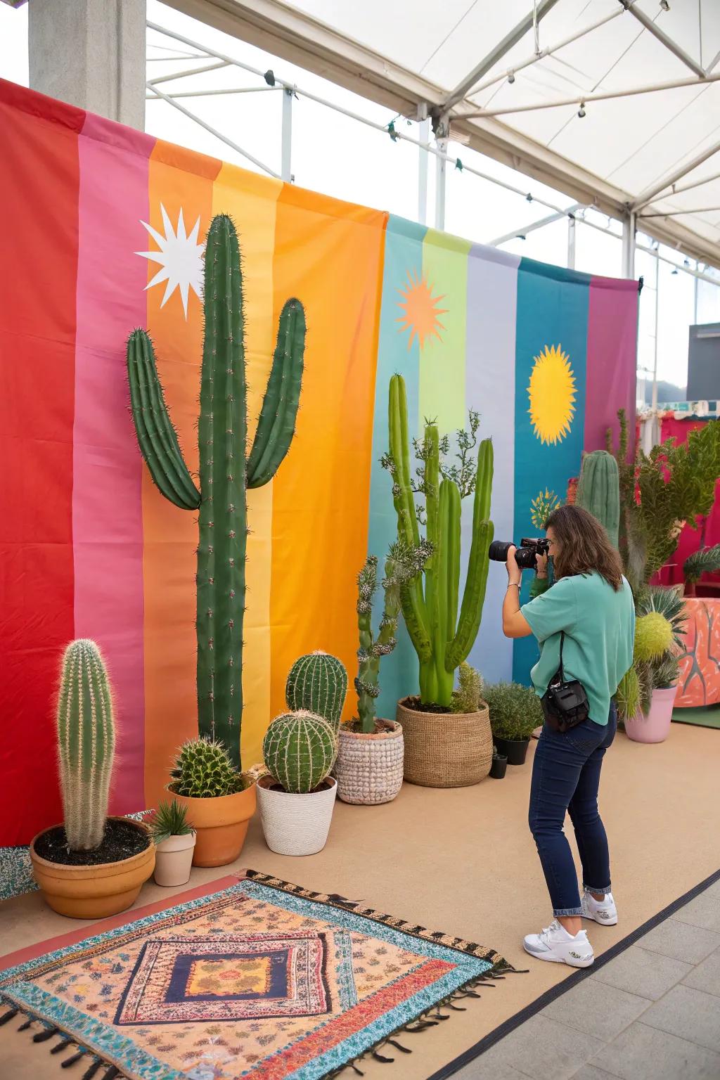 A themed backdrop with cacti and vibrant colors for stunning party snapshots.