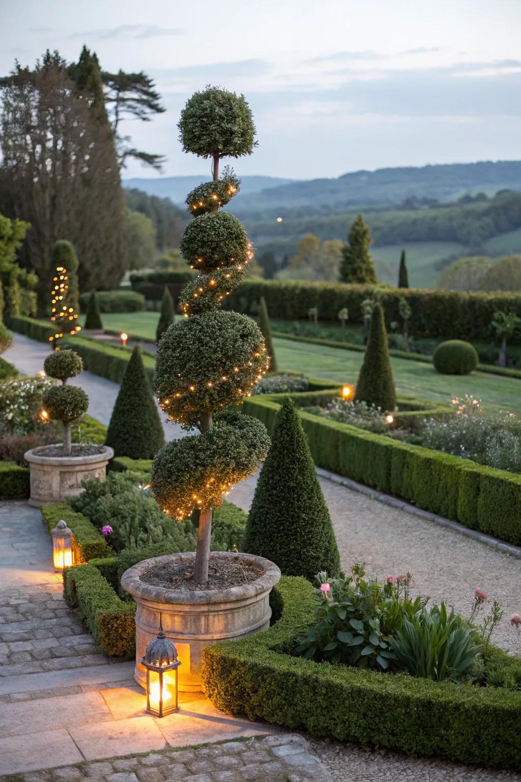 Sophisticated garden with illuminated plant sculptures.