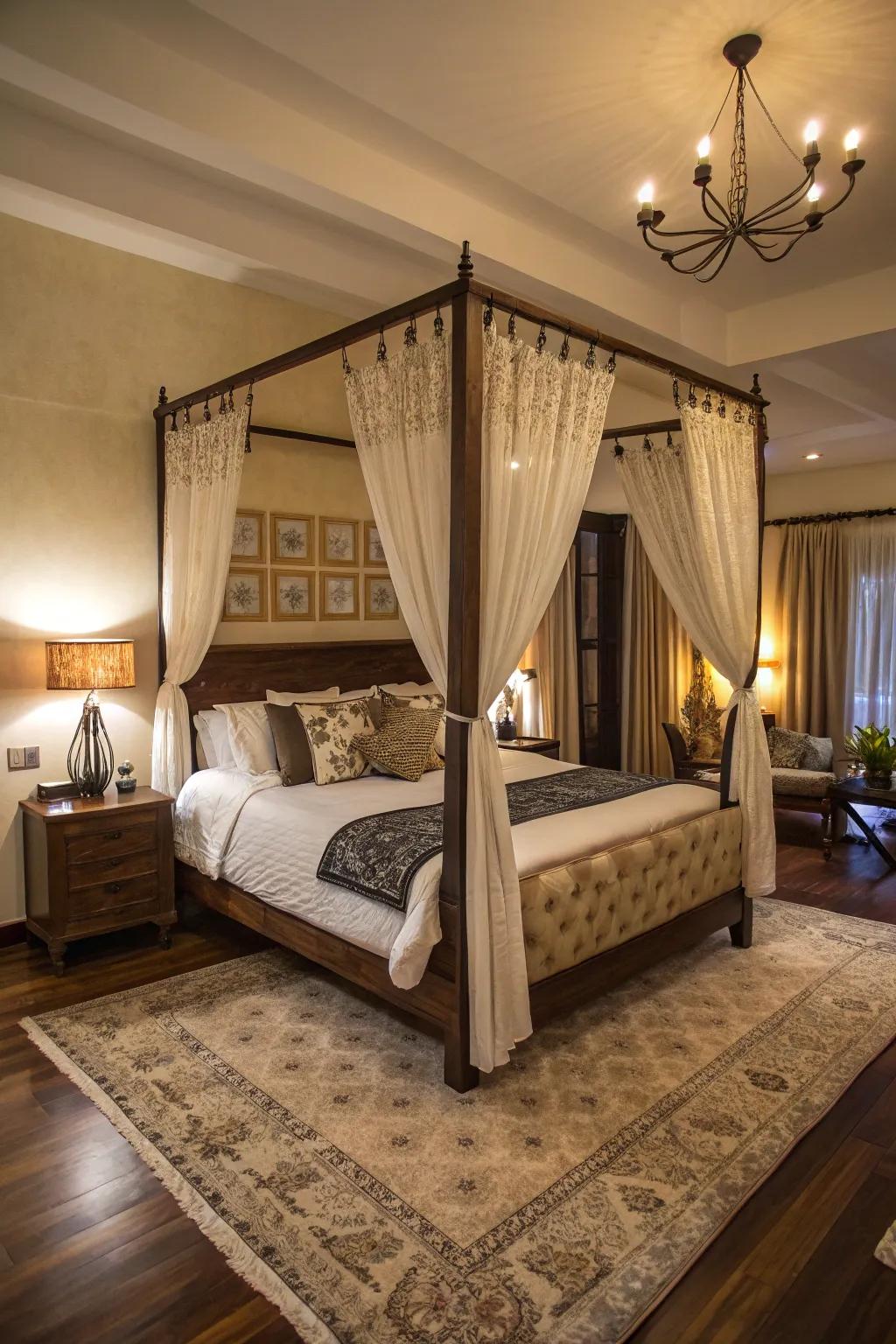 Unusual decor elements like a canopy bed redefine bedroom flair.