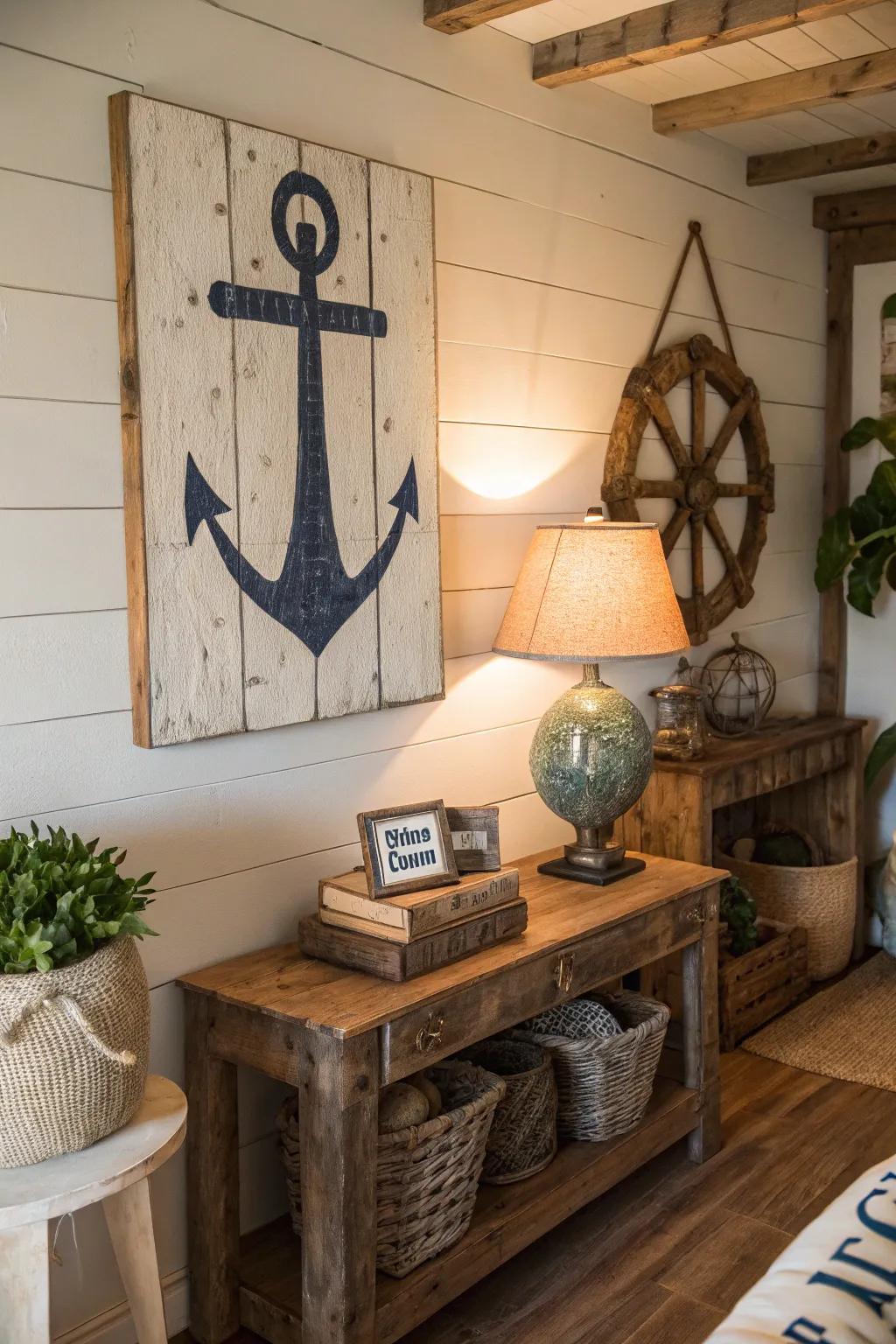 A rustic nautical sign adding personal flair to coastal decor.