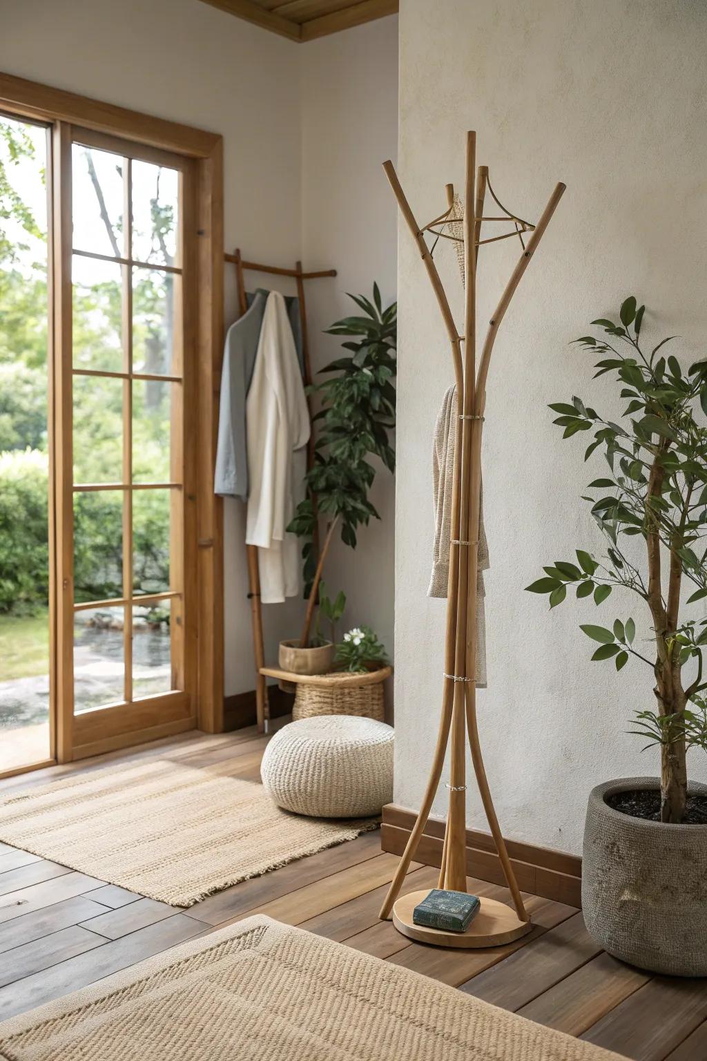 A cane coat stand, embodying simplicity and natural elegance.