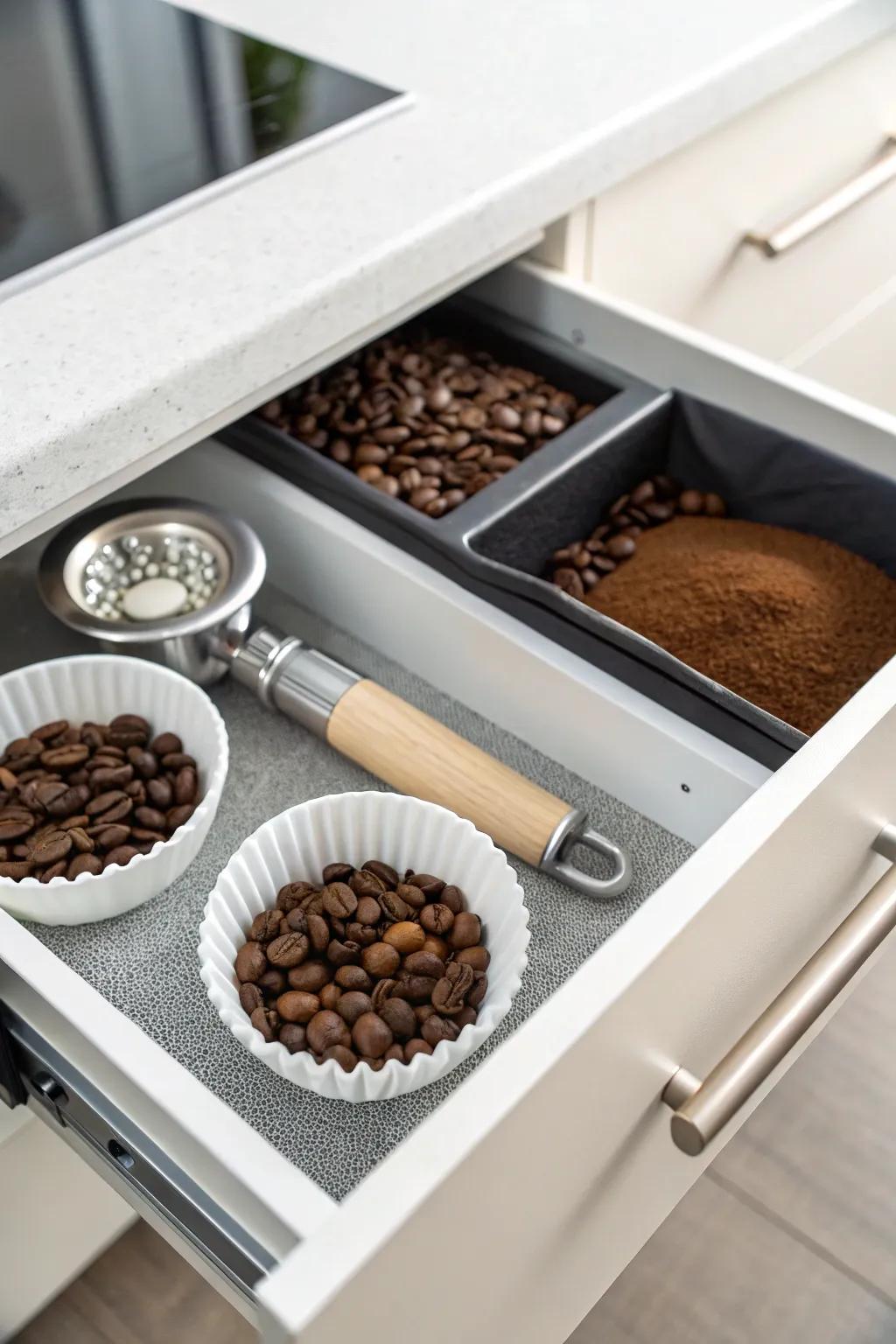 A minimalist style maintains a serene and clutter-free coffee drawer.