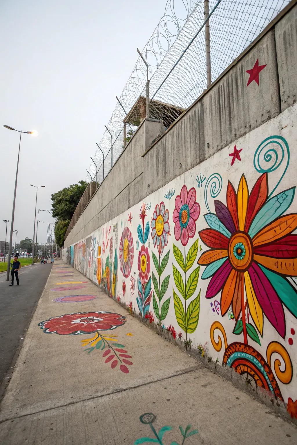 Painted patterns add a lively hint to concrete walls.