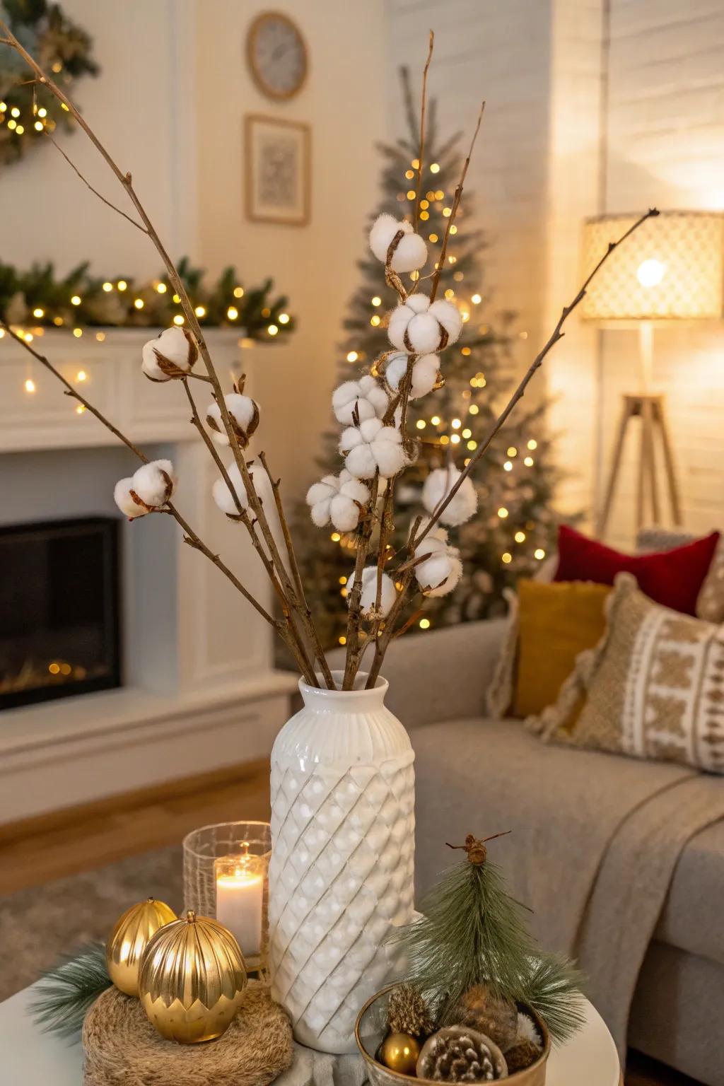 Occasional sparkle with gold and cotton sprigs.