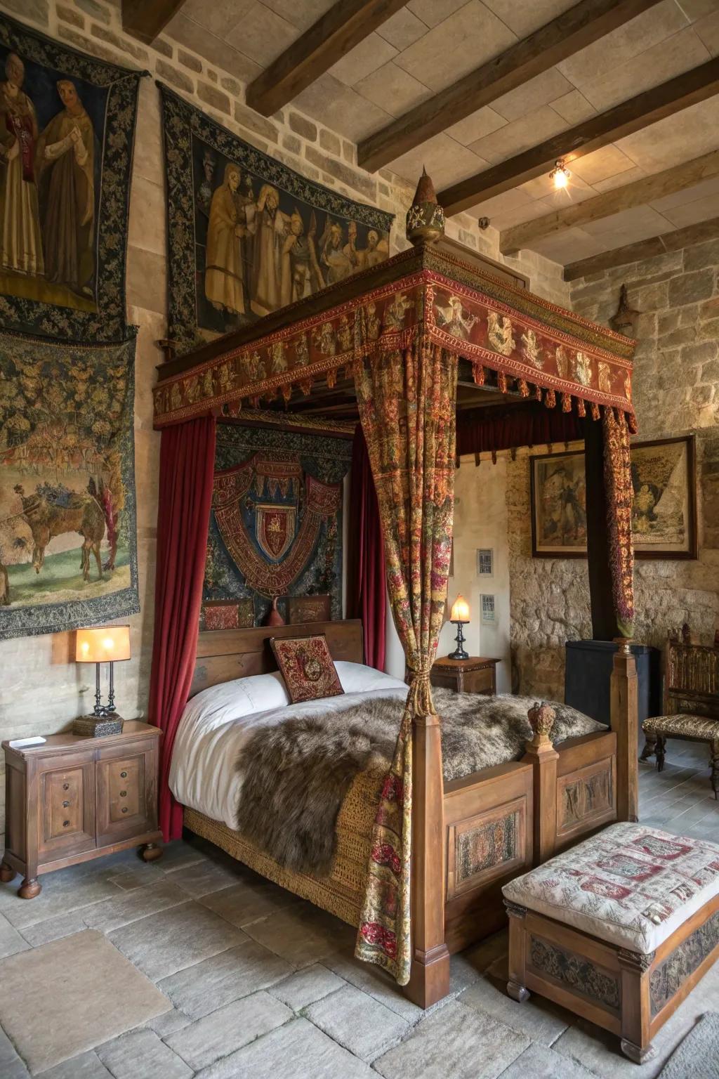 A medieval-inspired bedroom showcasing regal features.