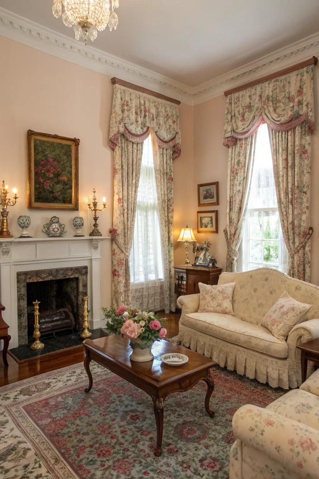Vintage floral curtains offer ageless charm and elegance.
