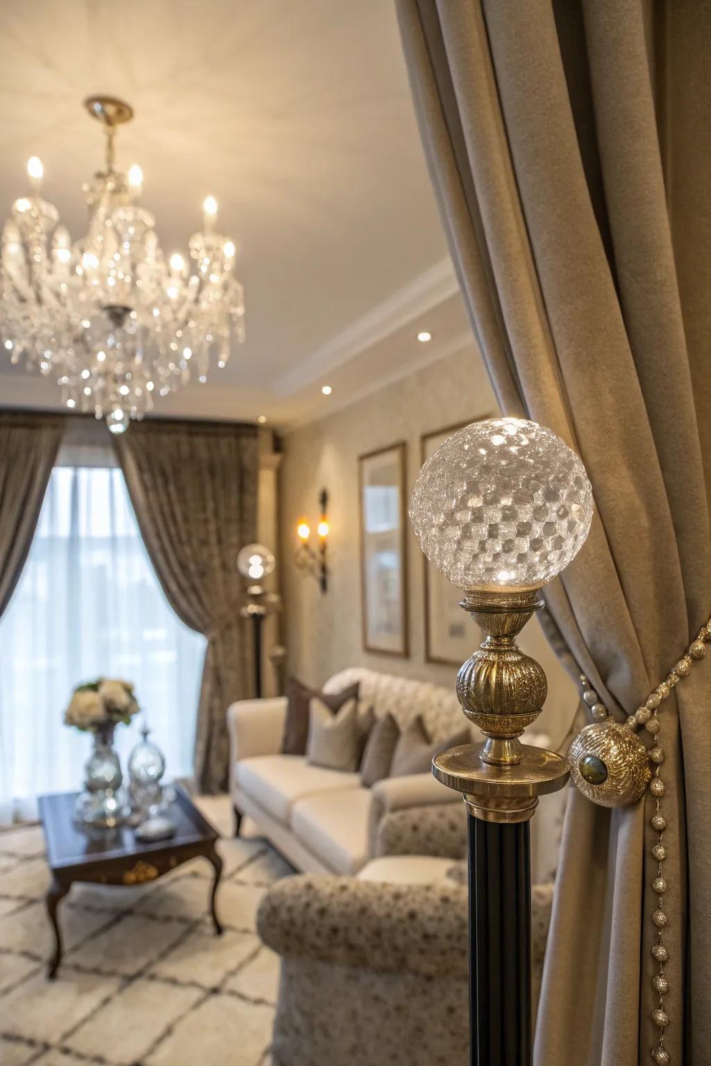 Gemstone ends on curtain rods add classic elegance and sparkle.
