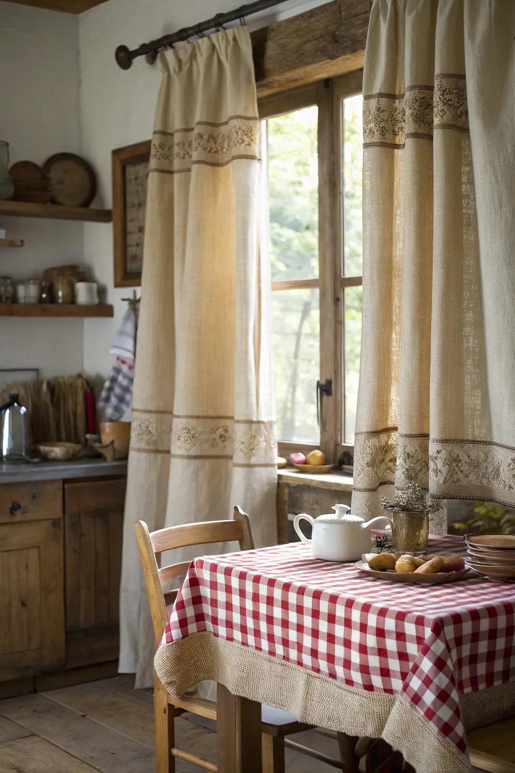 Countryside kitchen drapes with textured hessian ribbons.