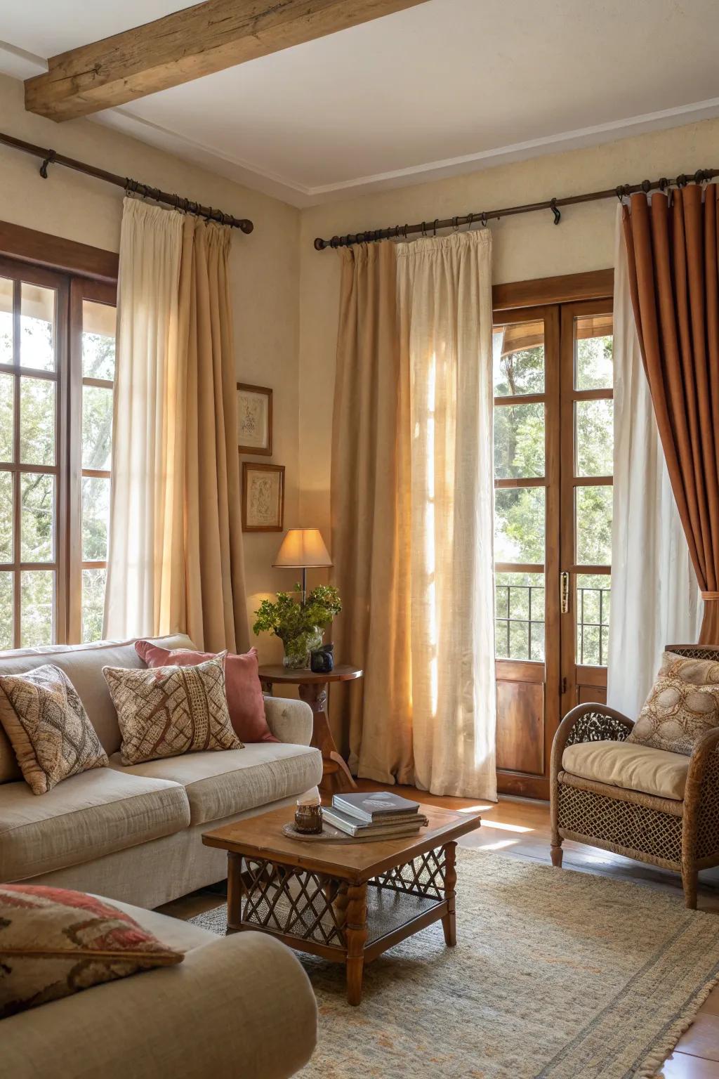 Earthy tones in window coverings craft a warm and welcoming atmosphere.