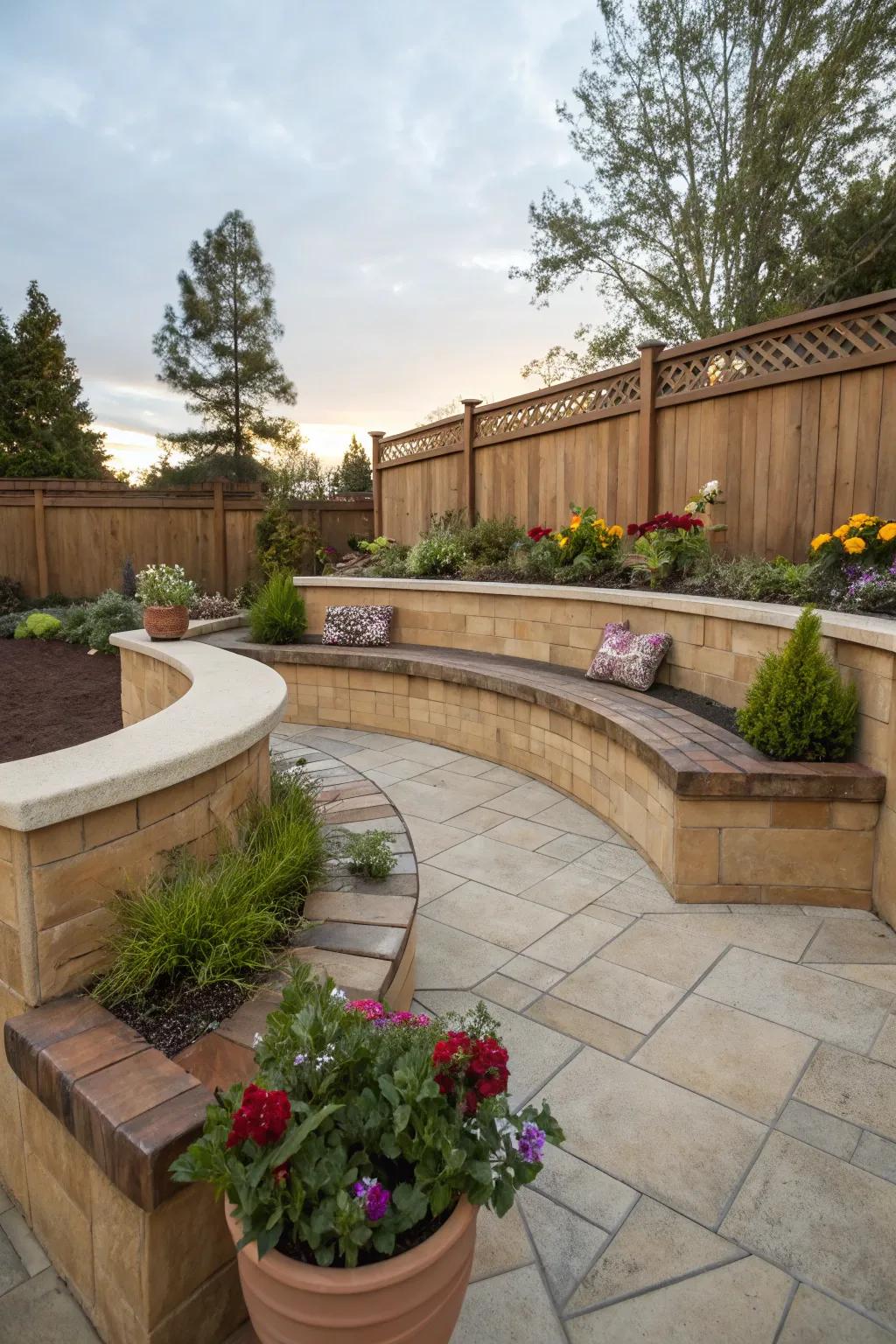 A functional arched patio showcasing integrated seating and planting bins.