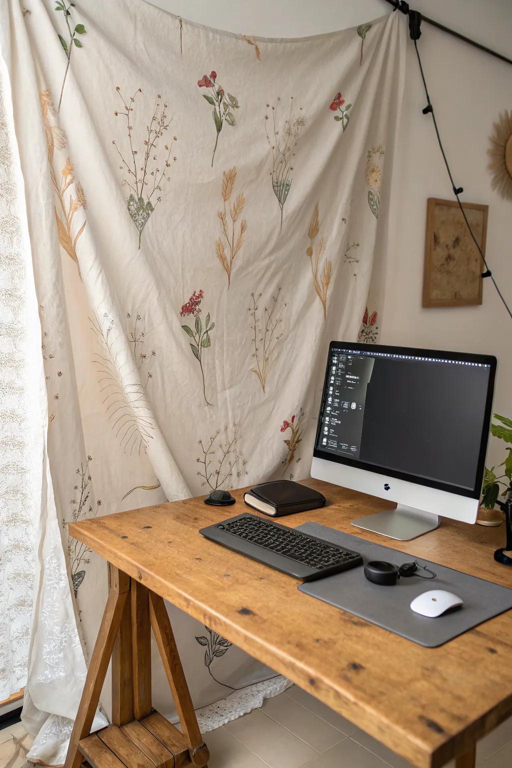 A creative backdrop enhances the aesthetic of the personal computer arrangement.