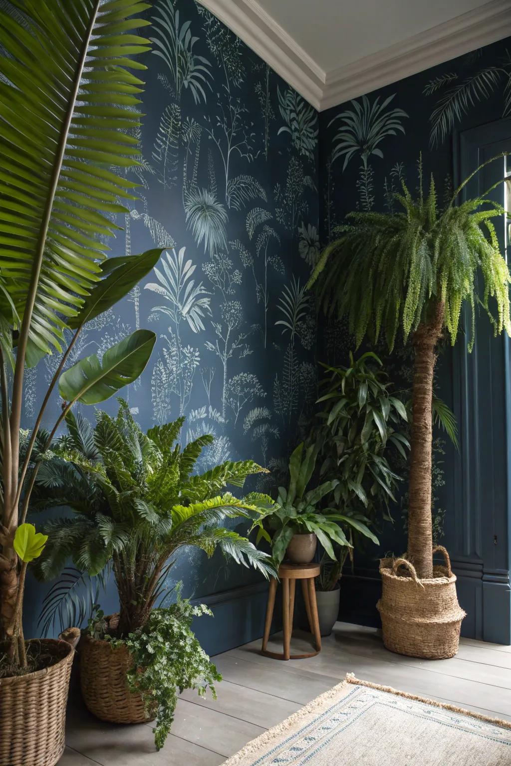 Build an exotic paradise with tropical navy wallpaper.