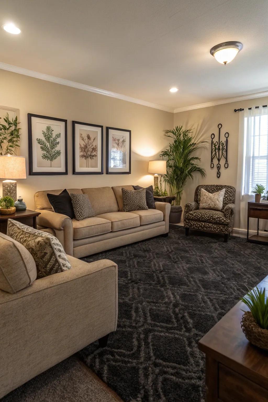 Coordinated decor enhances the elegance of dark-toned floor covering.