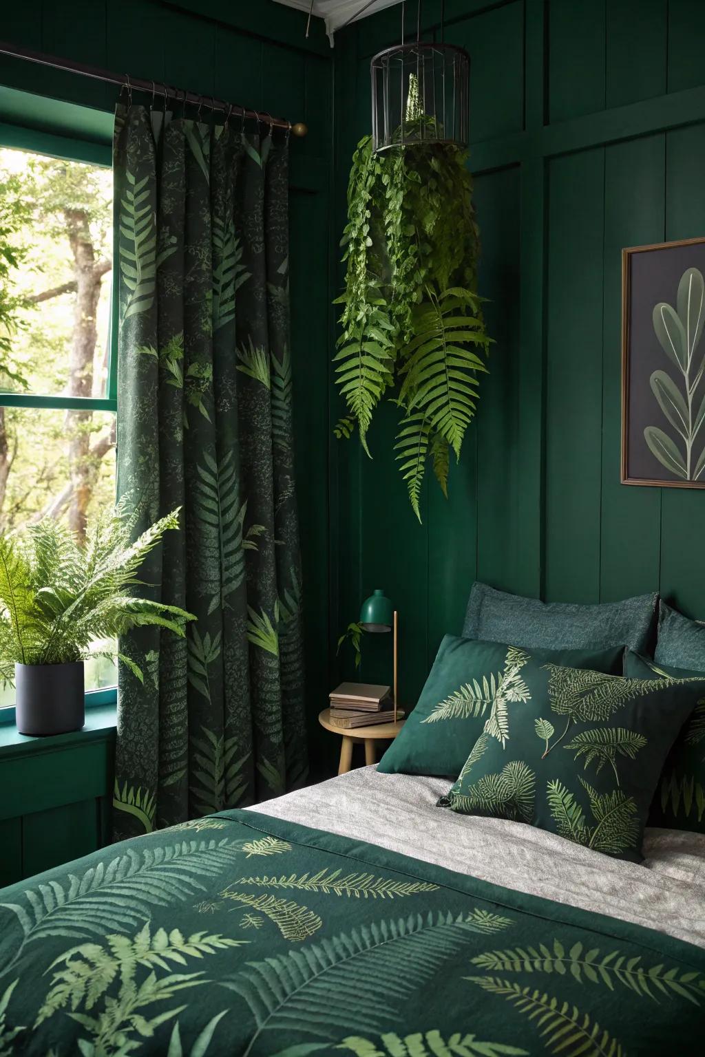 A shaded-green bedroom via fern-inspired embellishment creating a serene atmosphere.