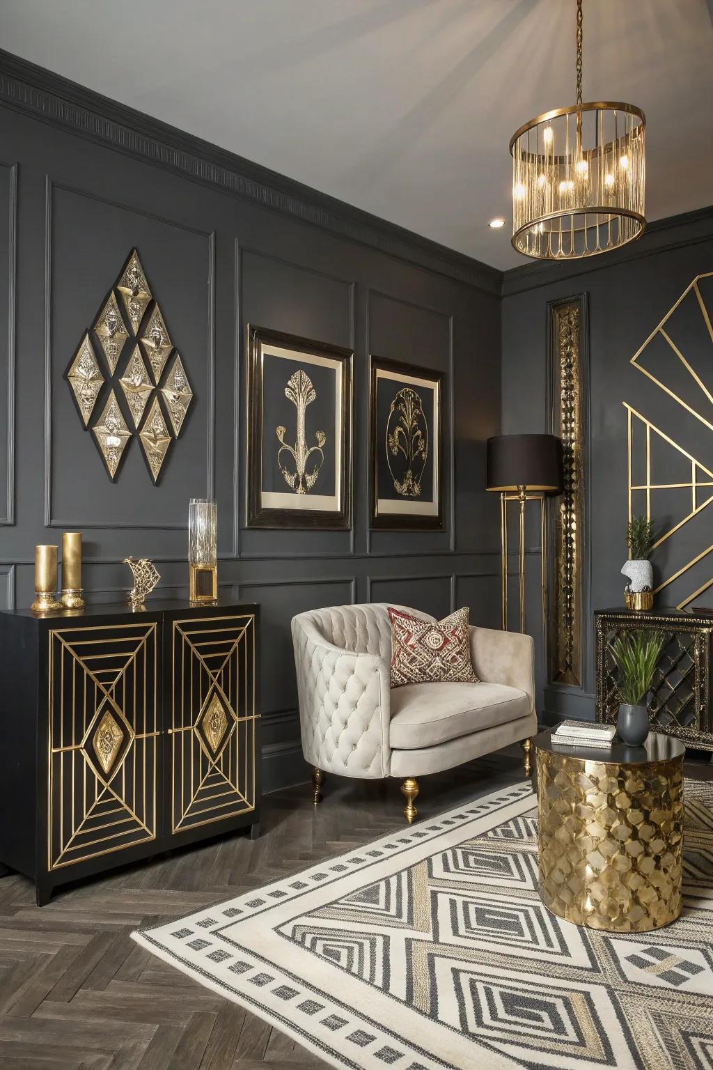 Art Deco elements adding glamour to a deep charcoal room.