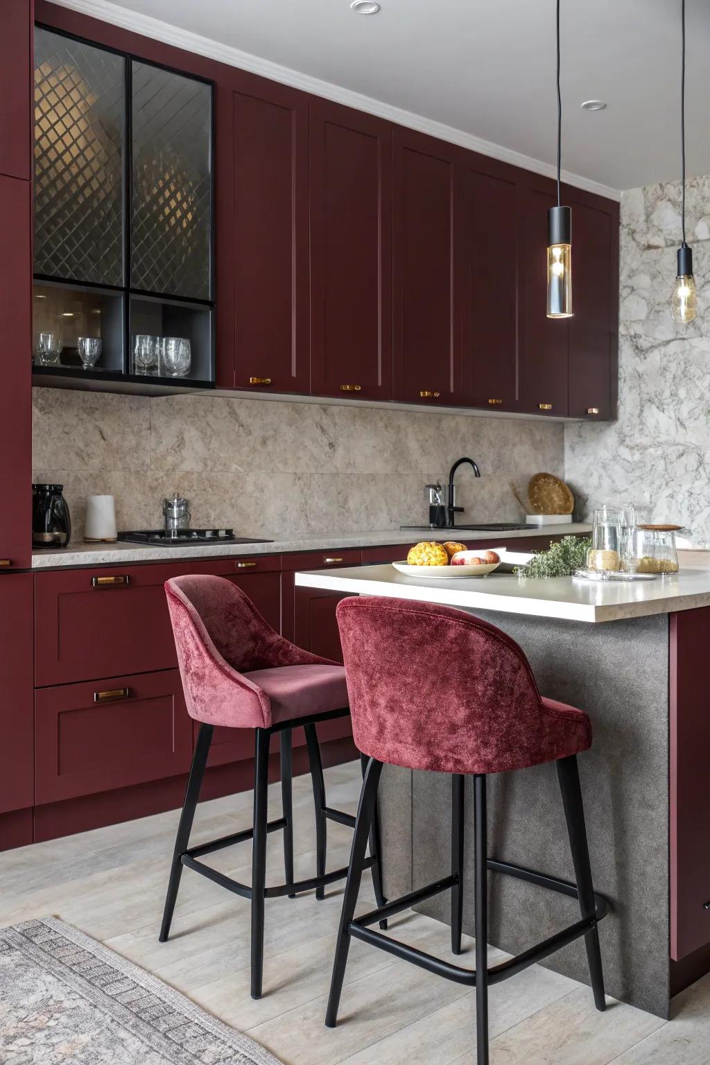 Elegant culinary space featuring tinted ruby fixtures and velvet surfaces.