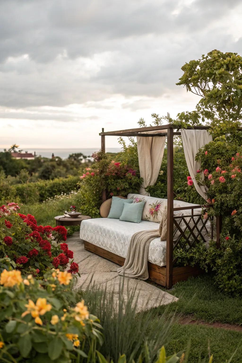 An outdoor daybed establishes a revitalizing sanctuary ensconced within the confines of a verdant horticultural setting.