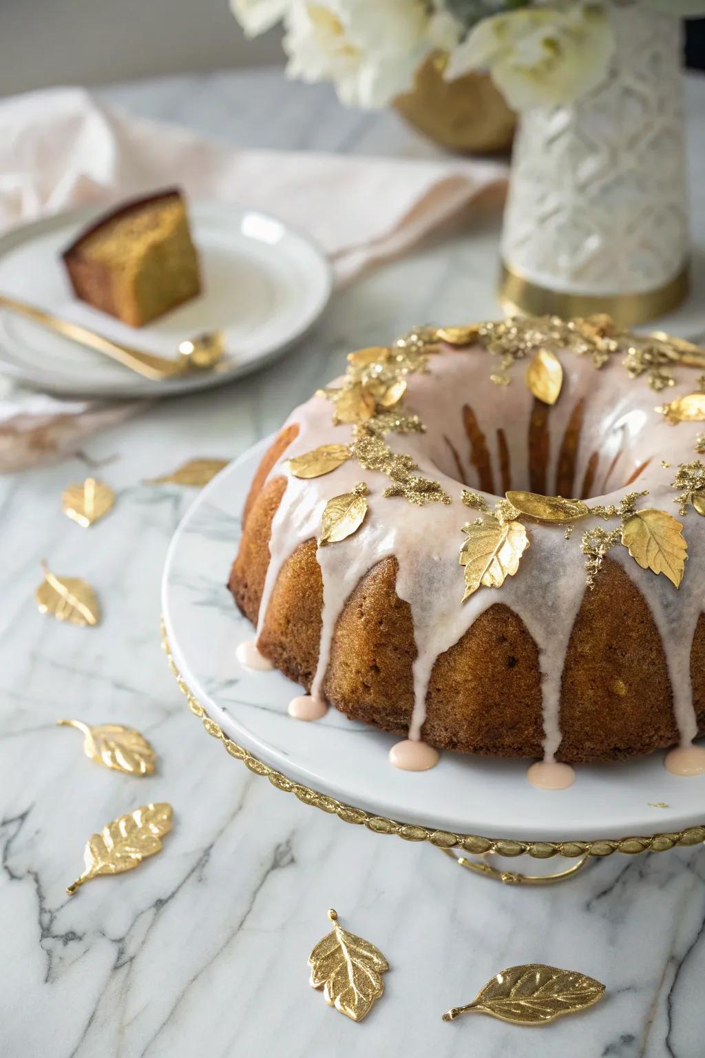 A ring cake featuring opulent gold leaf adornments.