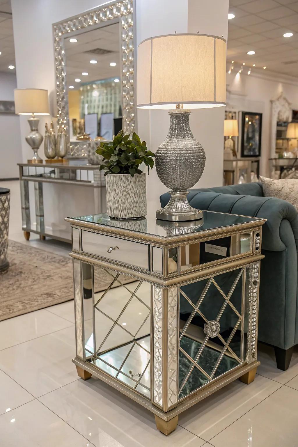 Mirrored furniture appends a sophisticated and glamorous nuance.