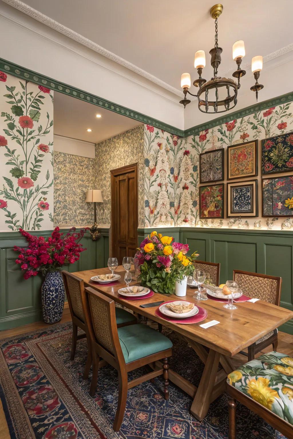 Botanical accents within the wainscoting bring a hint of nature indoors.