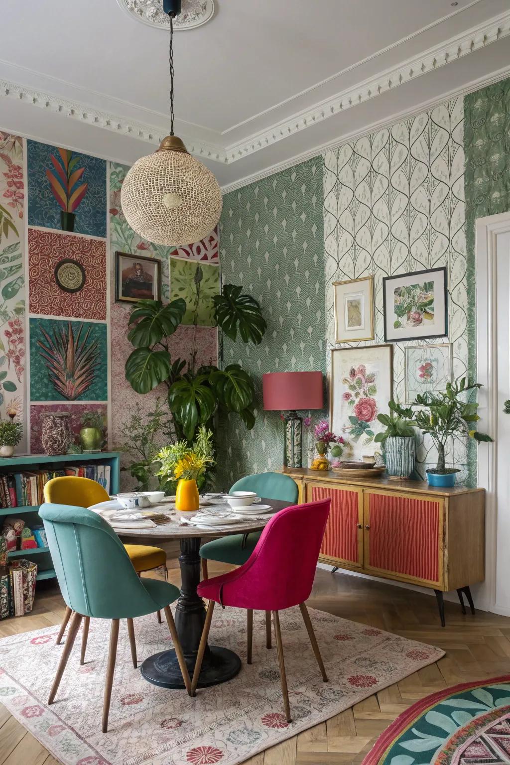 An eclectic mix of wall coverings produces a vibrant and aesthetically fascinating dining space.