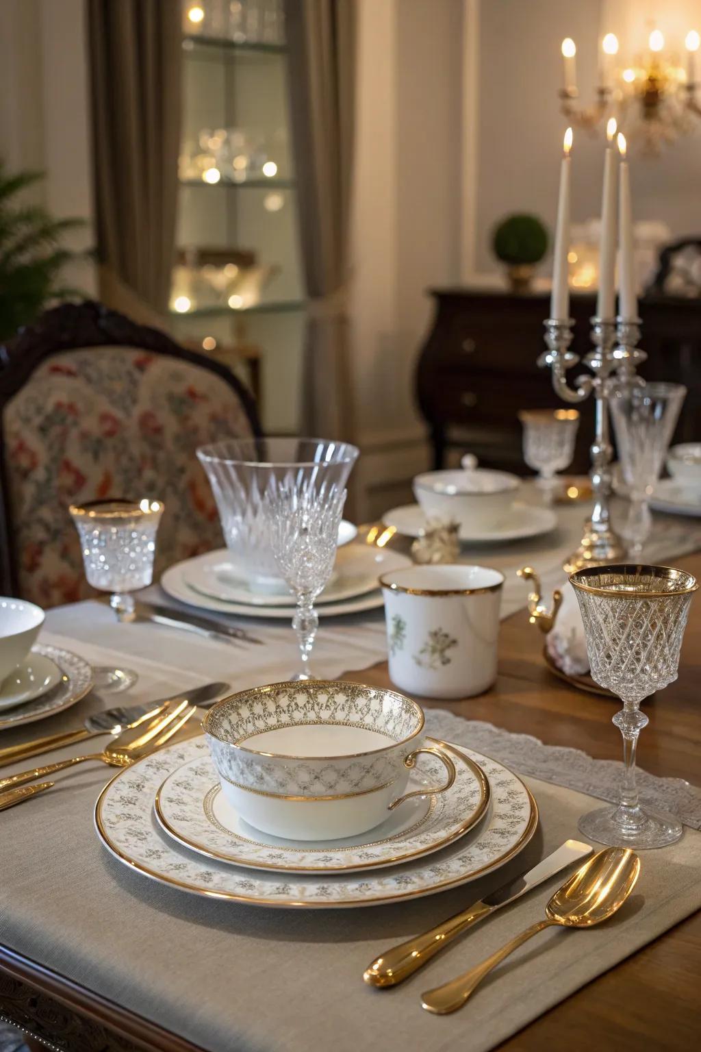 A dining table featuring elegant serveware exhibited as decor.