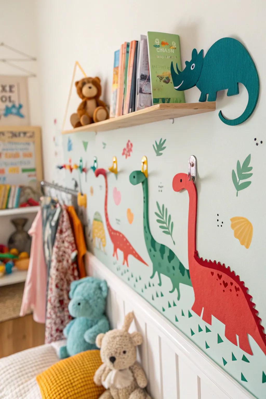 Dinosaur-themed wall hooks that inject fun and function into the area.