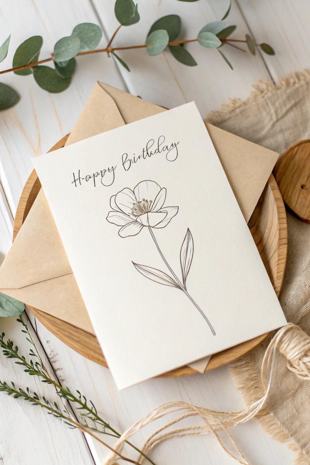 Elegance in simplicity: A minimalist birthday greeting with a solitary line floral drawing, ideal for the modern aesthete.