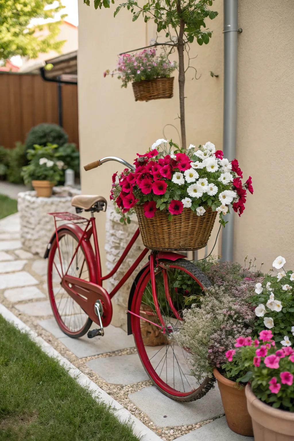 Upcycle with flair: This vibrant bike planter adds a pop of color and charm to any garden setting!