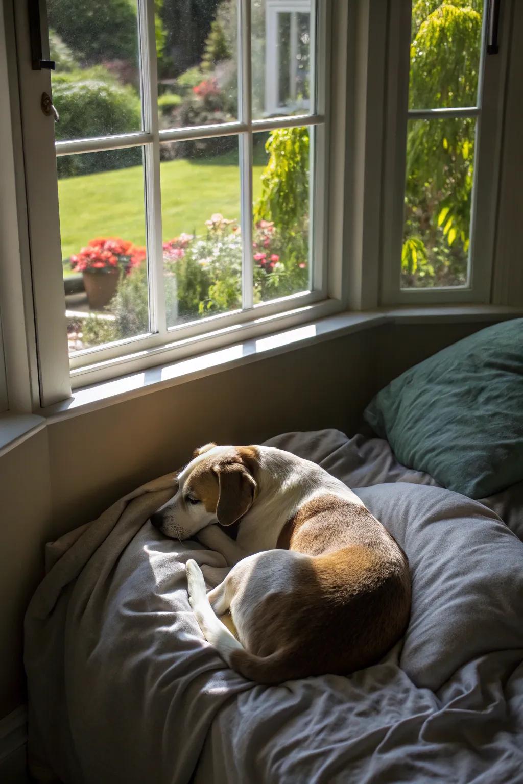 A dog nook with a garden view, offering harmony and a touch of nature with gentle bedding.