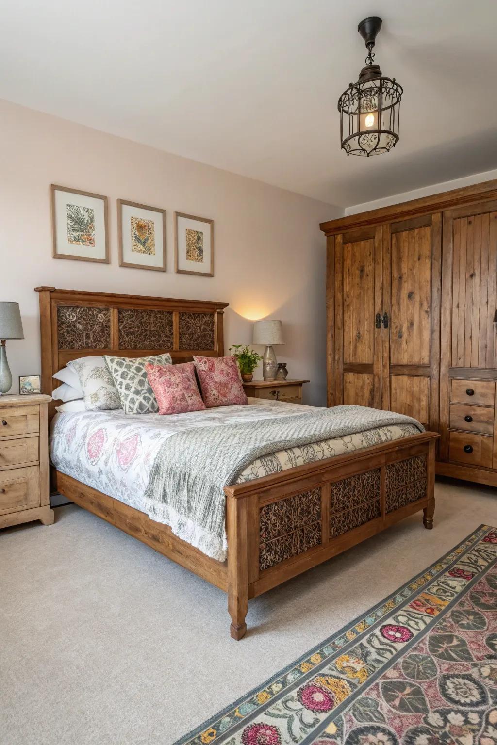A bedroom blending contemporary and traditional styles to fashion a unique aesthetic.