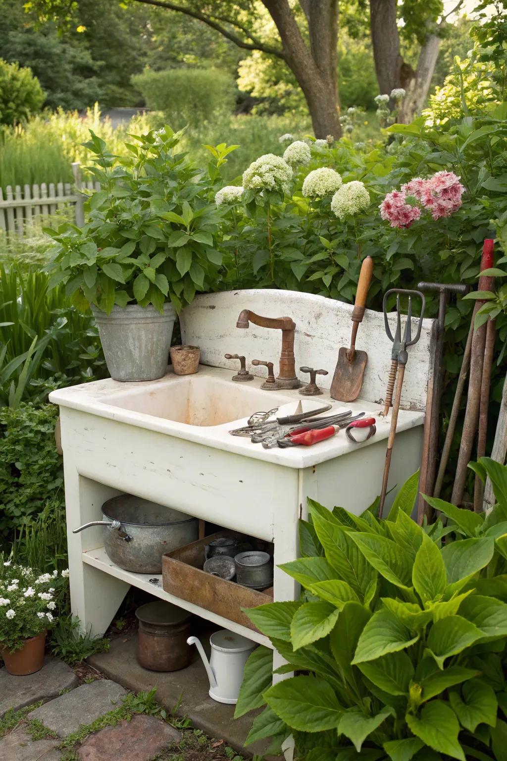 A practical garden tool organizer made from a cabinet sink.