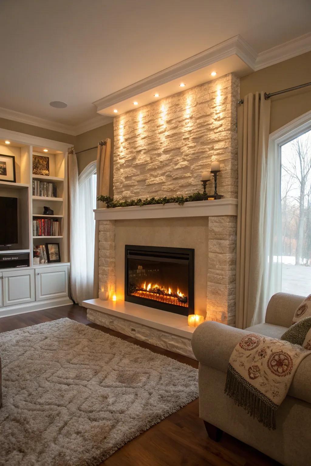Light-emitting diode lights emphasize the attributes of a drywall fireplace.