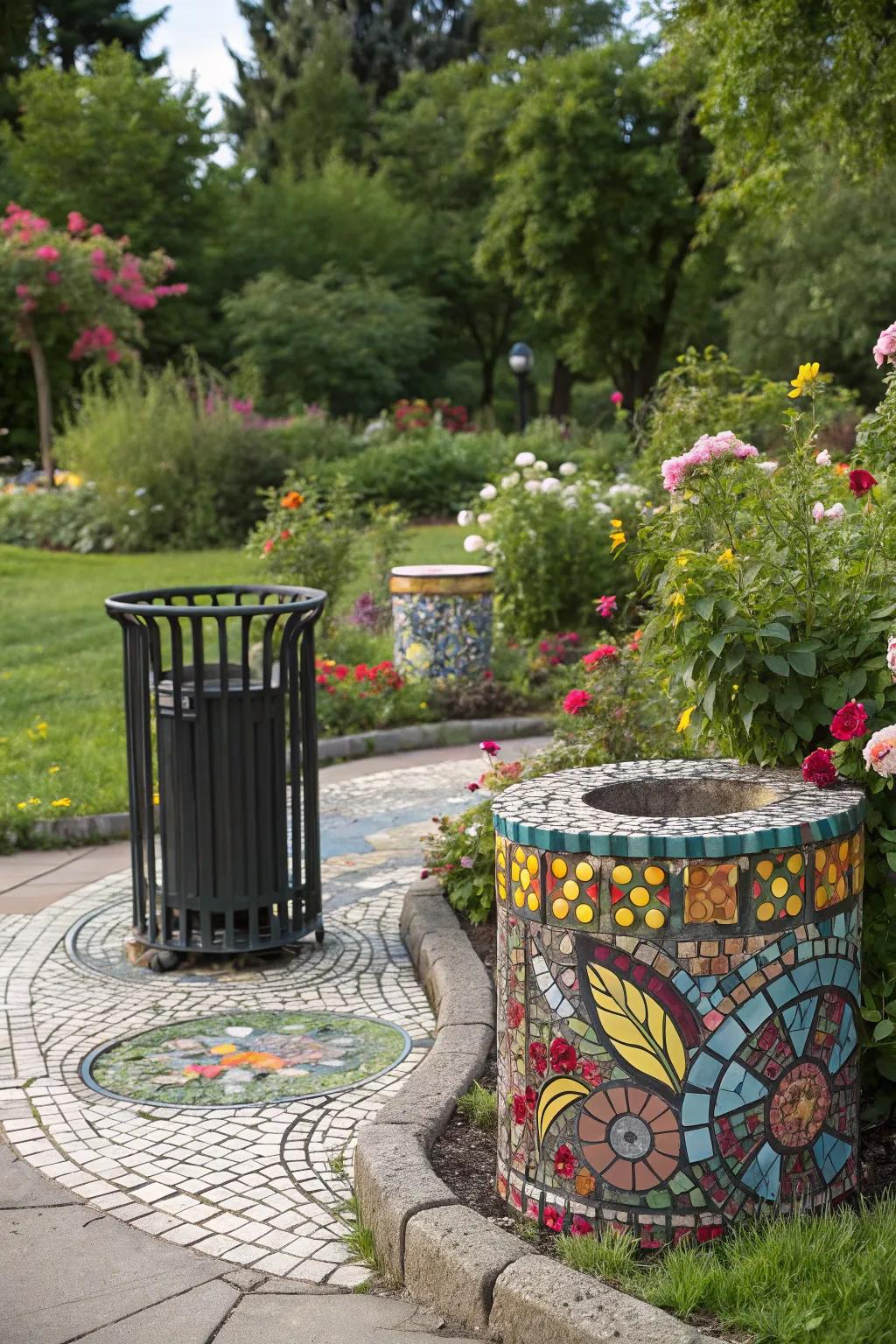 Mosaic art converts trash bin areas into artistic focal points.