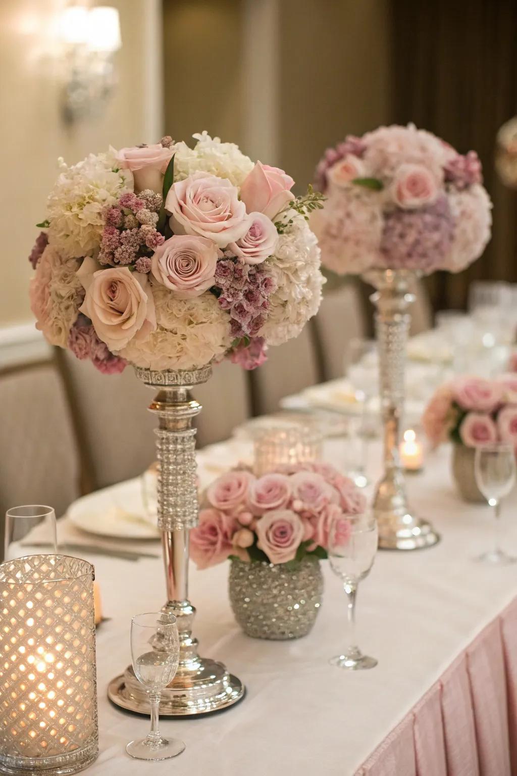 Striking vintage rose and crystal centerpieces.