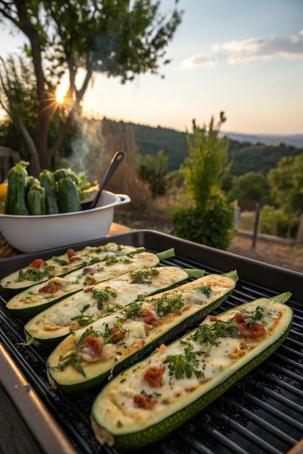 Cheesy, herb-filled courgette vessels on the grill.
