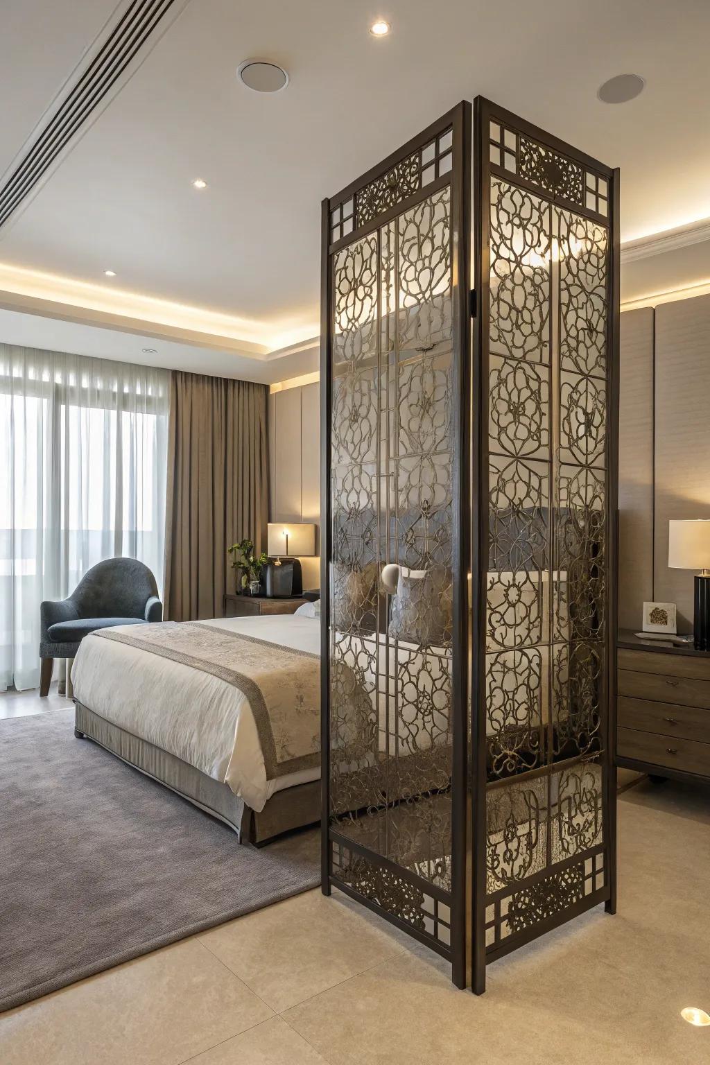A contemporary bedroom featuring an artful decorative partition screen.