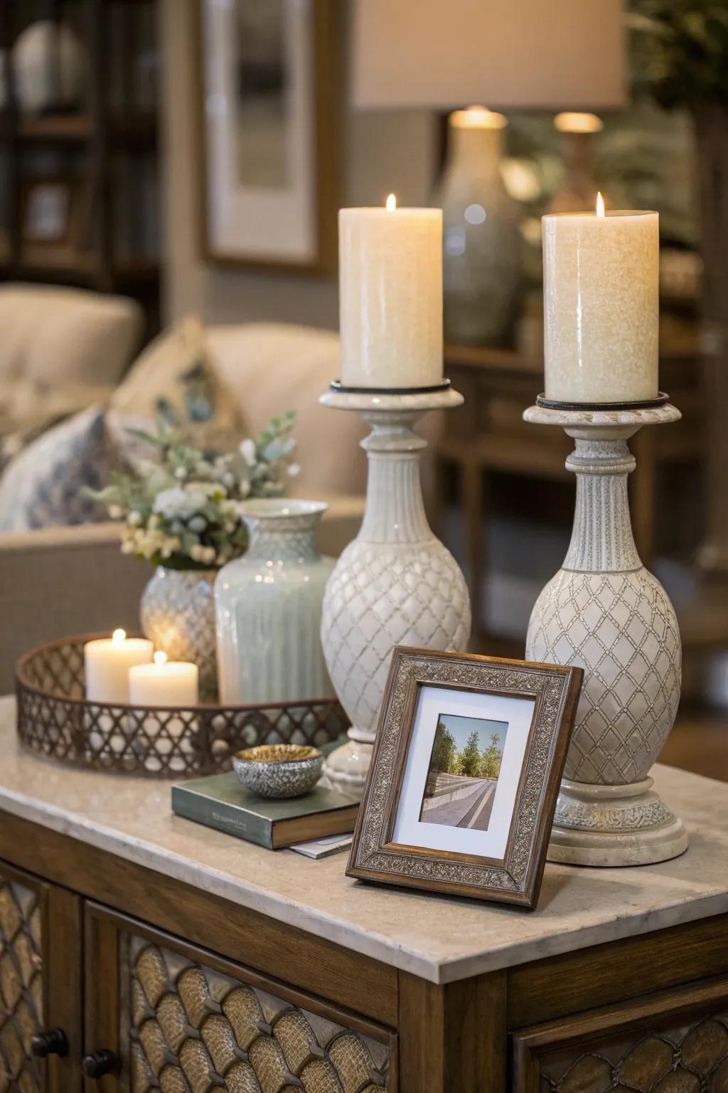 Arrangements create a balanced side table.