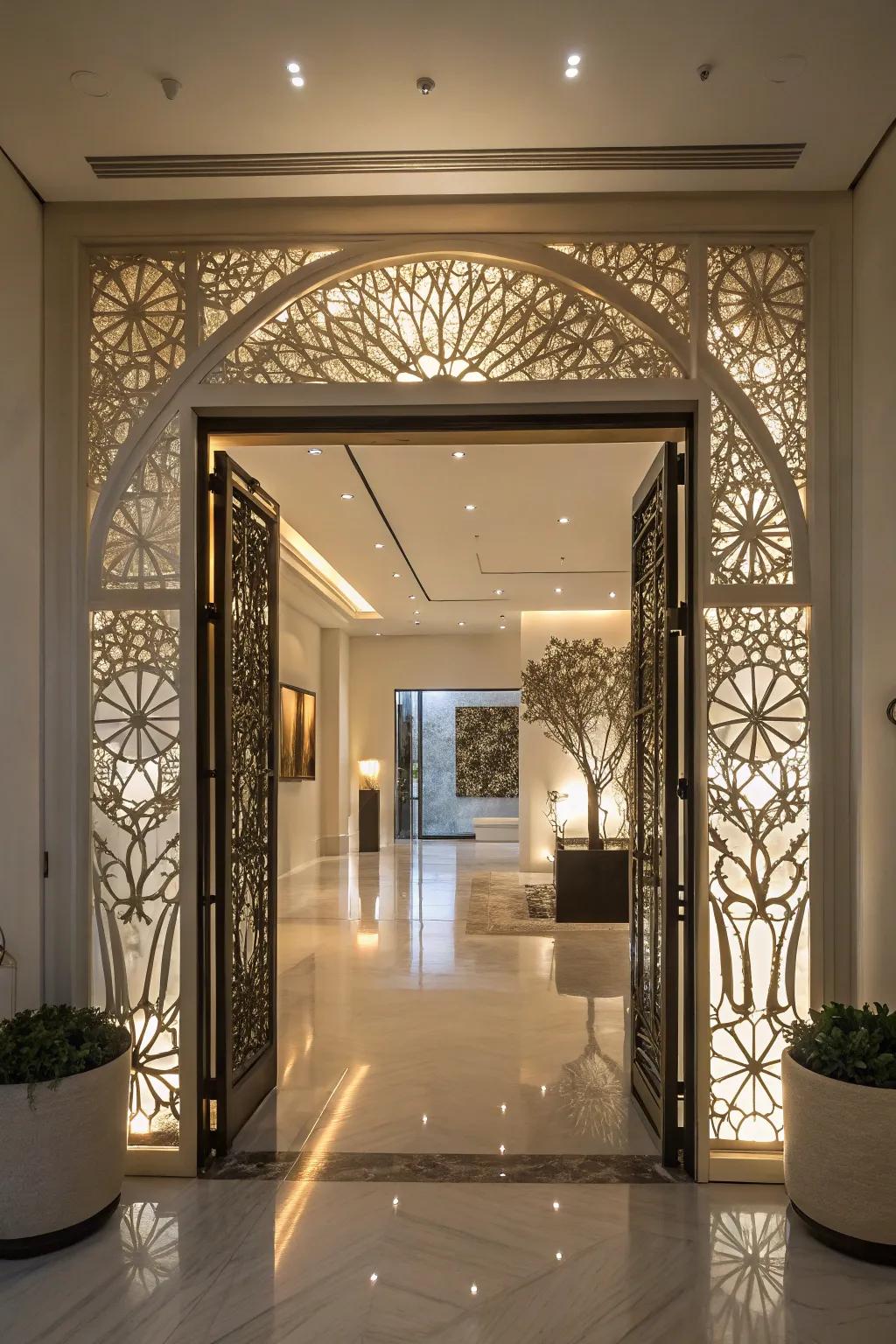 An entryway featuring an artistic light installation that cultivates a gallery-like atmosphere.