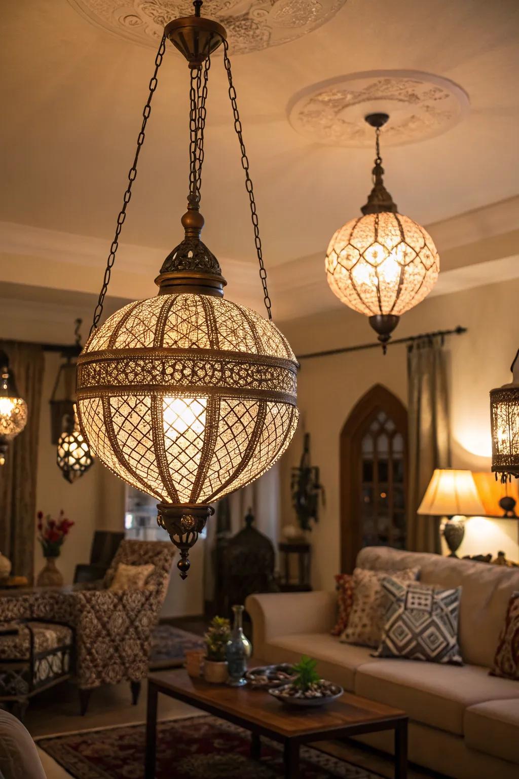 Elaborate illumination fixtures enhance the charm of this European-style living area.