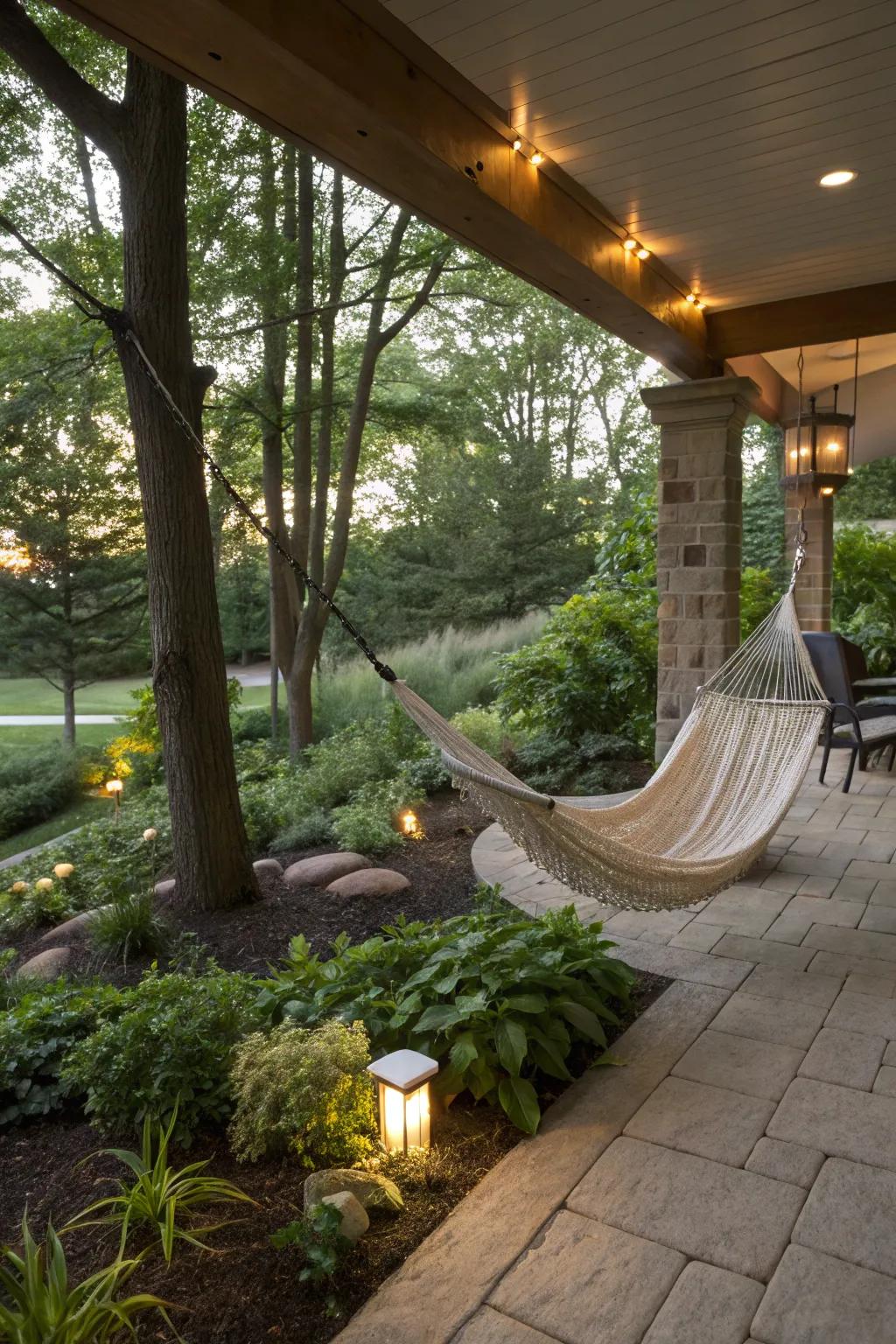 A tranquil hammock area offers a relaxing retreat near the basement.