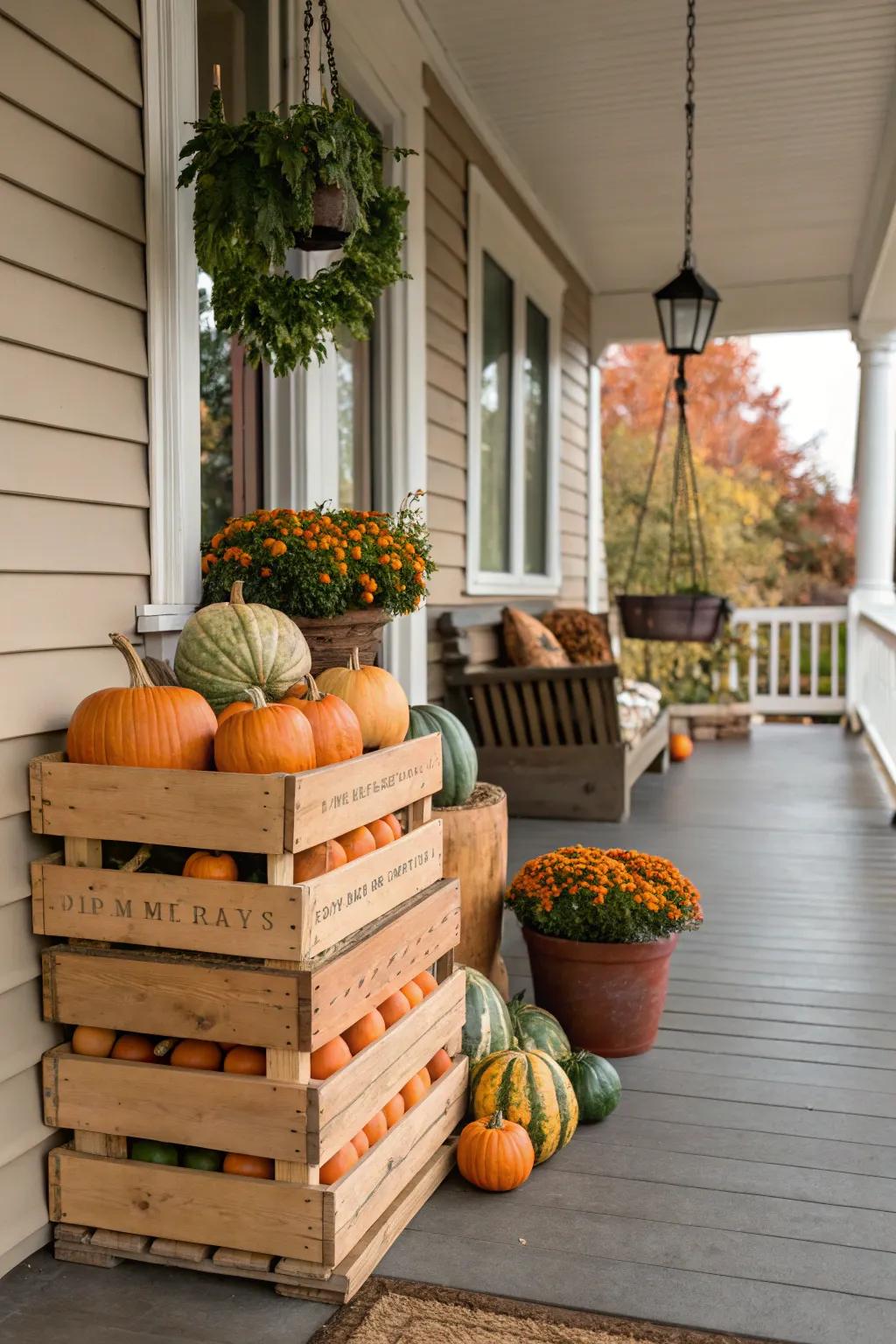 Fruit boxes brimming with autumn goodies craft a charming harvest exhibit.