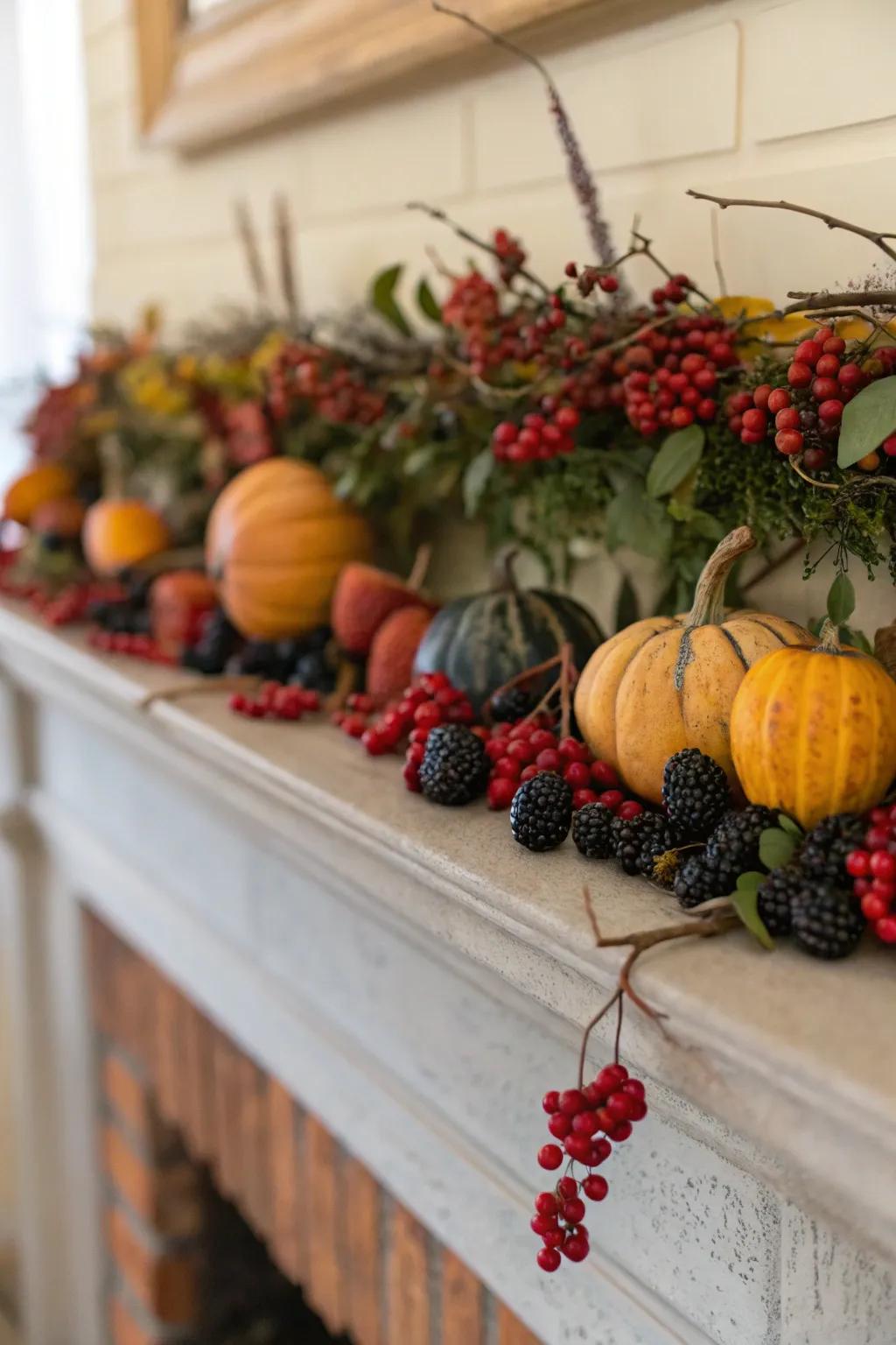 An autumnal fireplace adorned with fruits and gourds.