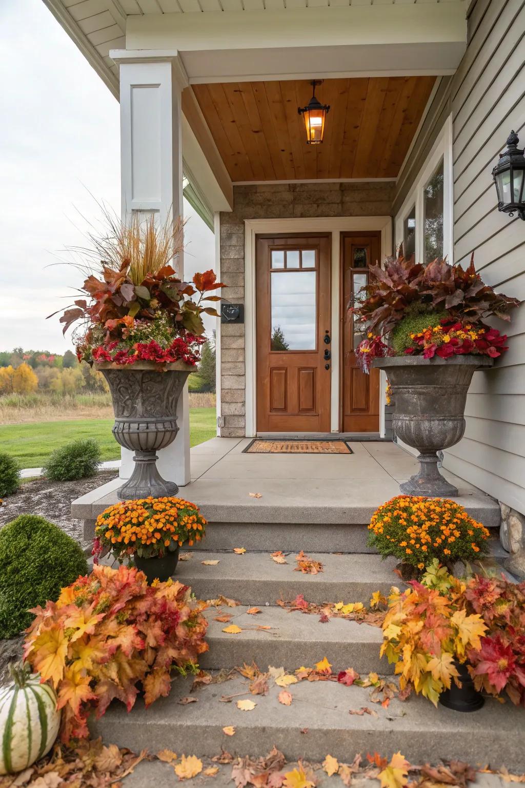 Balanced arrangements bring proportion and order to your autumn porch design.