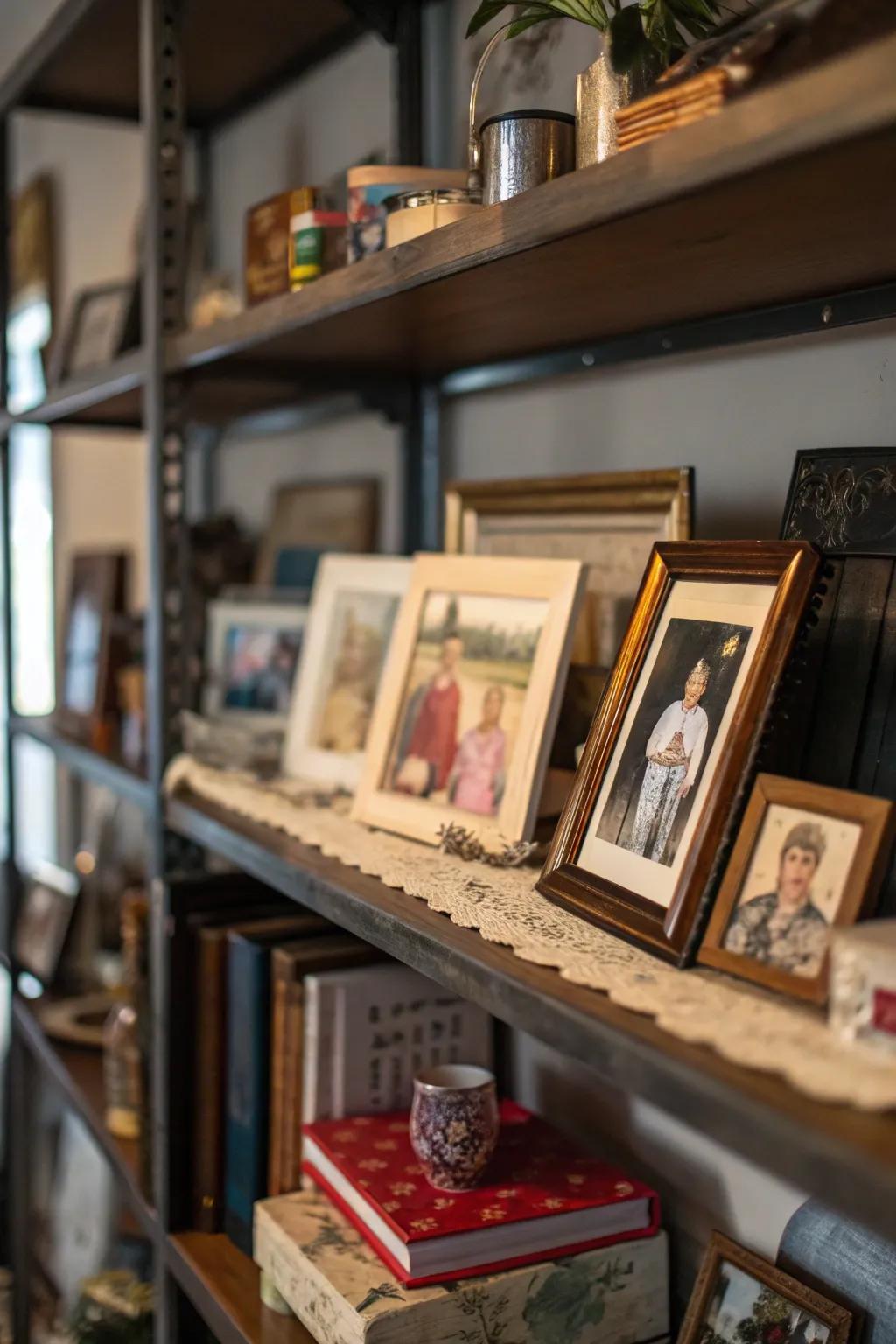 A memory shelf showcasing family photos and keepsakes